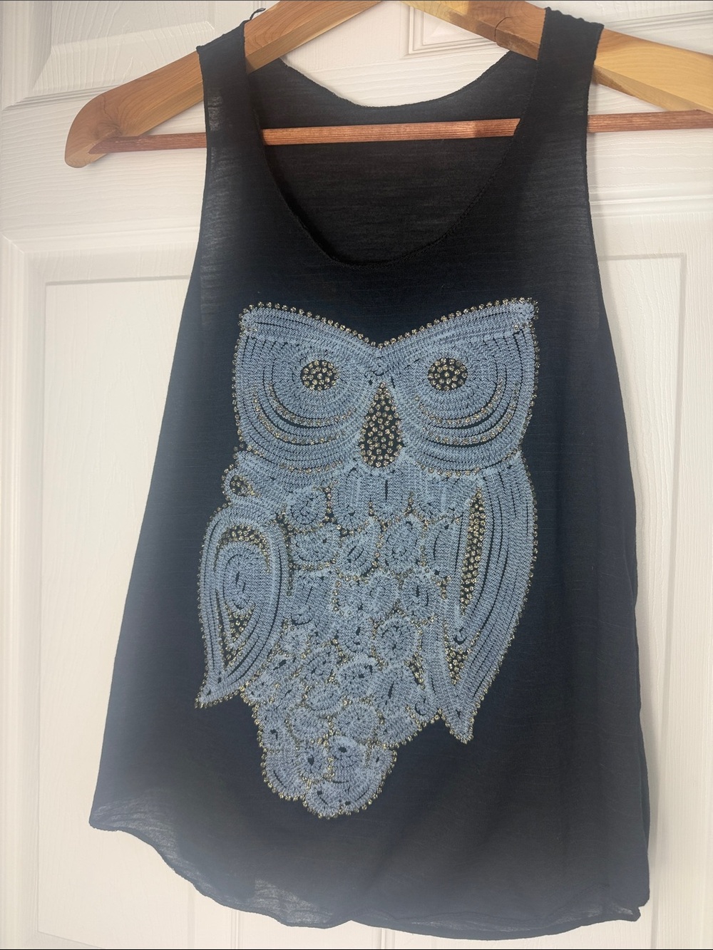 Women's Black Tank Top with Blue Owl Embellishment - Indie Shop, Made in UK